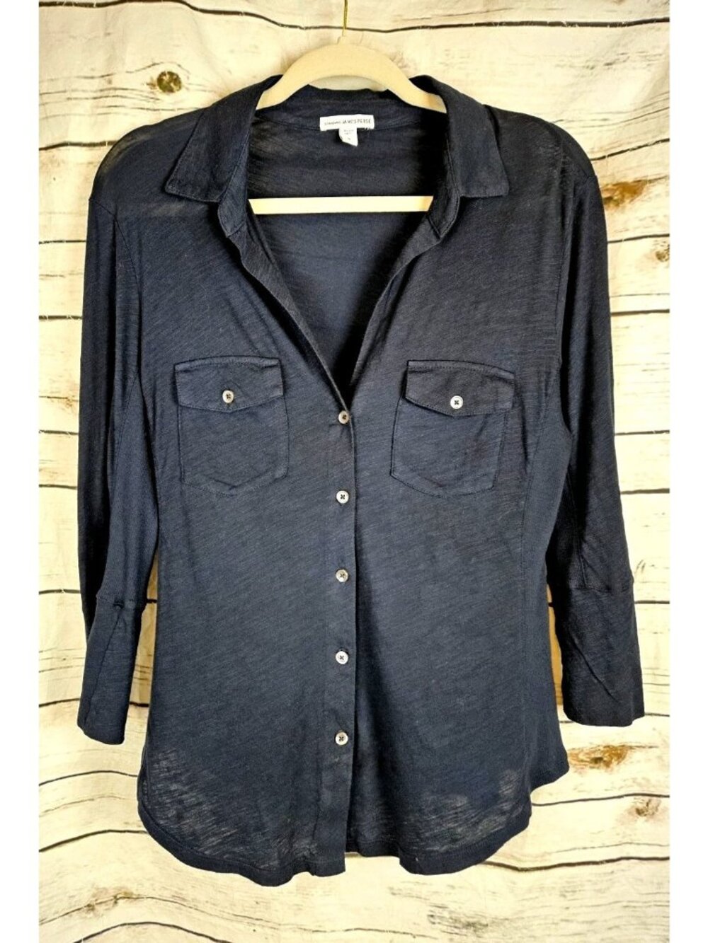 James Perse Black Slubbed Knit Button Top 3 Medium 3/4 Sleeves Womens